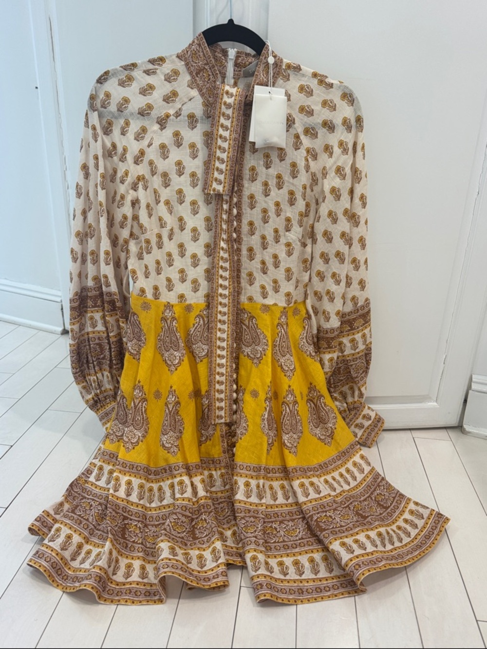 Zimmermann Cream, Yellow and Brown Paisley Panel Long Sleeve Midi Dress